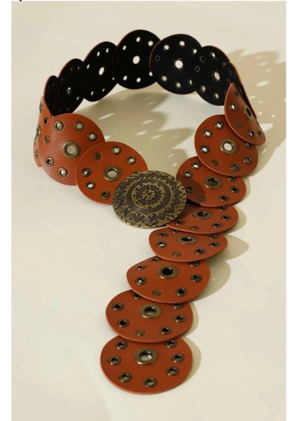 Kadın Bohem Deri Metal Halkalı Dekoratif Kemer – Antik Gold Tokalı, Yuvarlak Parçalı Tasarım modelleri