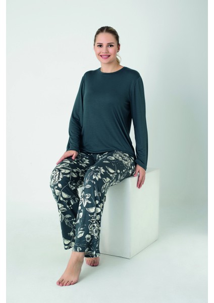 Kadın Viskon Bisiklet Yaka Uzunkol Pijama Takım C840-909