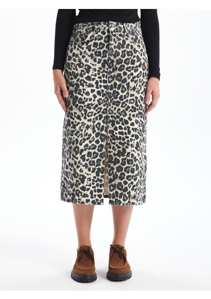 Yeni Sezon Standart Fit Leopar Desenli Kadın Jean Etek fiyatları