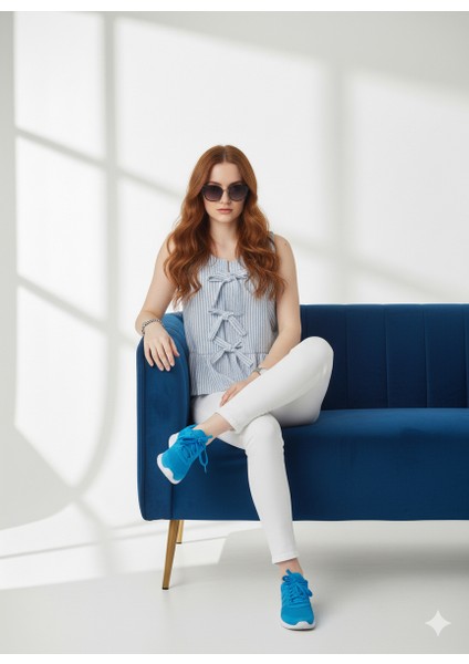 Çizgili Gofre Kolsuz Fiyonk Detaylı Bluz indirimleri