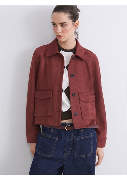 Yeni Sezon Gömlek Yaka Kadın Süet Görünümlü Ceket