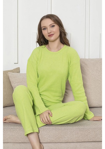 Pamuklu Kalın Kışlık Interlok Şeritli Uzun Kollu Örme Pijama Takımı