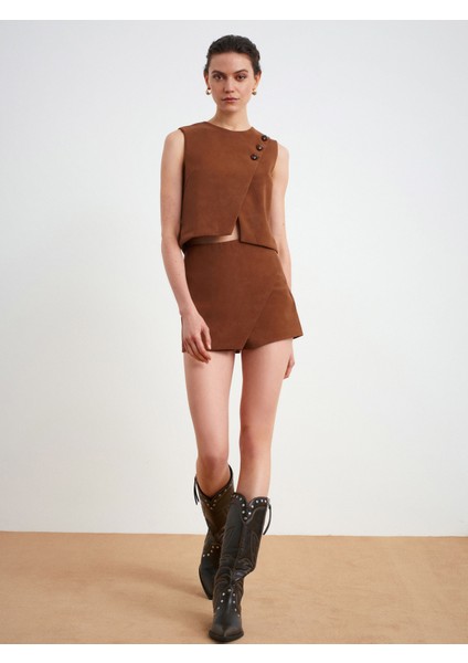 81067 Asimetrik Şort Etek-Camel