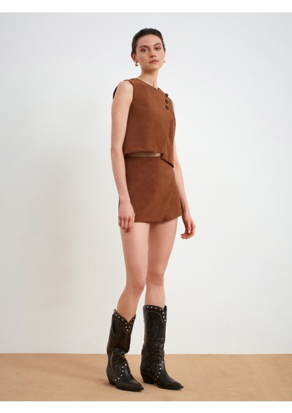 81067 Asimetrik Şort Etek-Camel indirimleri