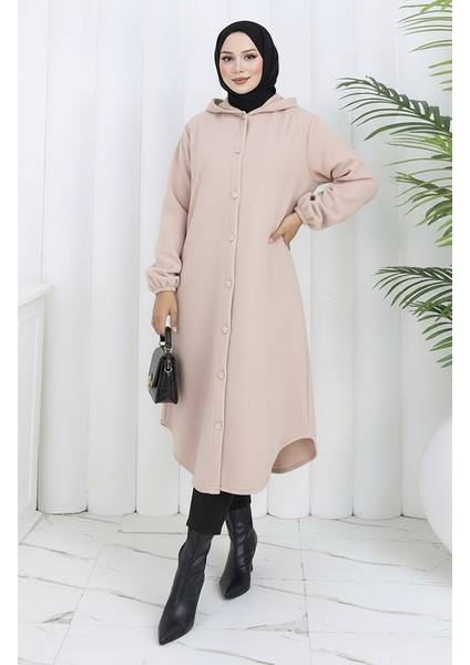 Önden Düğmeli Kapüşonlu Kaşe Kap 0188-05 Bej