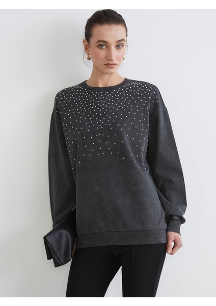 Yeni Sezon Bisiklet Yaka Taşlı Kadın Sweatshirt