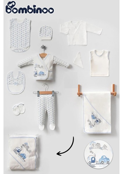 Bebe Arabalı Trenli 10'lu Parca Hastane Cıkışı Yeni Doğan Zıbın Set Mavi