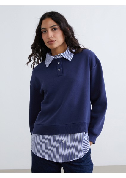 Yeni Sezon Gömlek Yaka Çizgili Kadın Kalın Sweatshirt Tunik