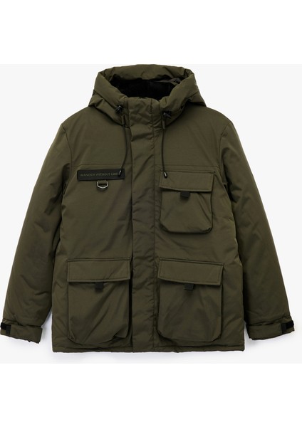 Uzun Kollu Kapaklı Cepli Fermuarlı Kapşonlu Kışlık Parka