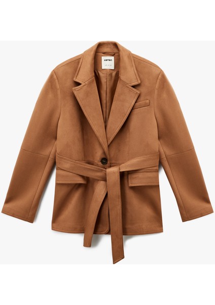 Uzun Kollu Düğmeli Cepli Kemerli Süet Görünümlü Ceket