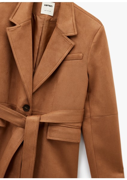 Uzun Kollu Düğmeli Cepli Kemerli Süet Görünümlü Ceket modelleri