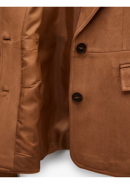 Uzun Kollu Düğmeli Cepli Kemerli Süet Görünümlü Ceket fırsatları