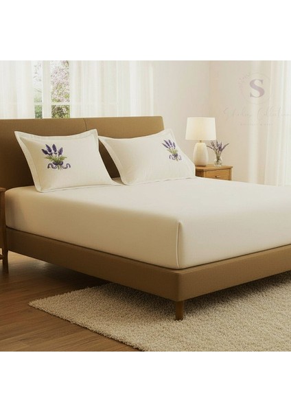 Buldan Keteni Lavanta Nakışlı Çift Kişilik Çarşaf+Yastık Seti %100 Pamuk