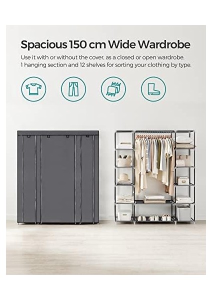 , Kumaş, Dokunmamış Kumaş Kapaklı, Askılı Katlanır, 45 x 150 x 175 Cm, 12 Raf, Metal Çerçeve, Yatak Odası Için, Gri LSF03G modelleri