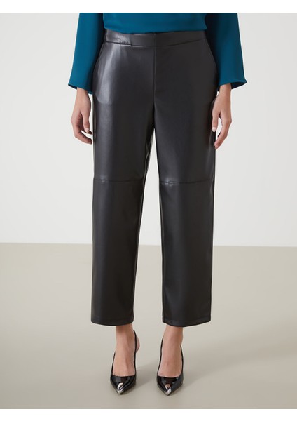 Yeni Sezon Beli Lastikli Deri Görünümlü Kadın Pantolon modelleri