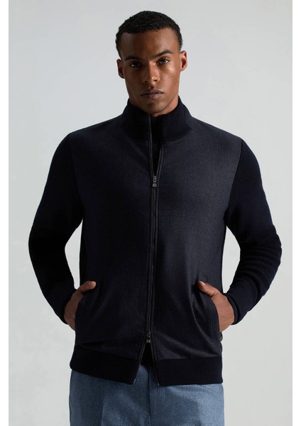 Merino Yün Ekose Desen Lacivert Business Triko Ceket