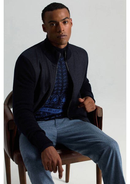 Merino Yün Ekose Desen Lacivert Business Triko Ceket fiyatları