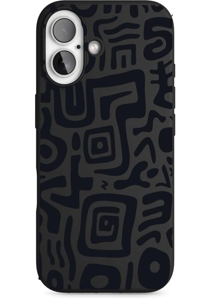IPhone 16 ile Uyumlu Desenli Siyah Telefon Kılıfı - Dayanıklı, Ince ve Hafif Tasarım - Darbeye Dayanıklı Silikon Malzeme - Kamera ve Ekran Koruması (Labirent)
