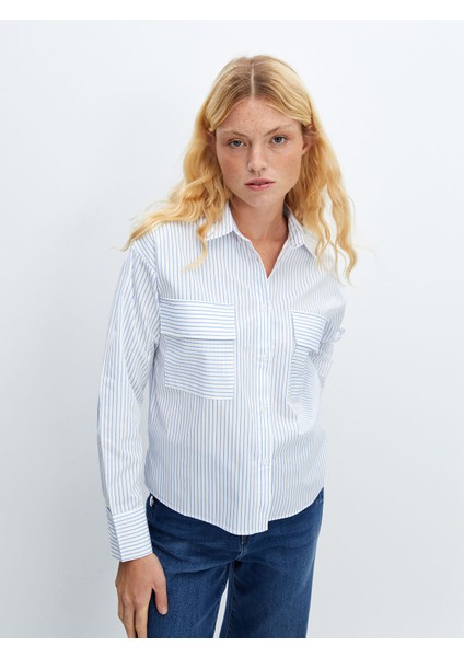 Yeni Sezon Çizgili Poplin Kadın Gömlek