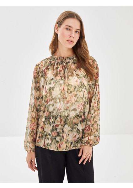 Yeni Sezon Bağlamalı Yaka Desenli Kadın Bluz