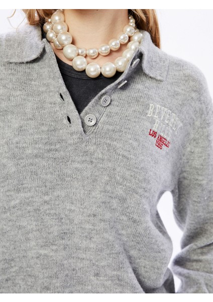 Yeni Sezon Polo Yaka Nakışlı Kadın Triko Kazak modelleri