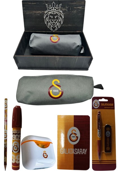 Galatasaray Orjinal Lisanslı Beyaz Air Kalemtraş Ahşap Kutulu 6'lı Kırtasiye Seti