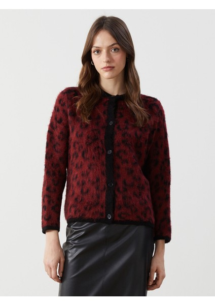 Yeni Sezon Bisiklet Yaka Leopar Desenli Kadın Triko Hırka