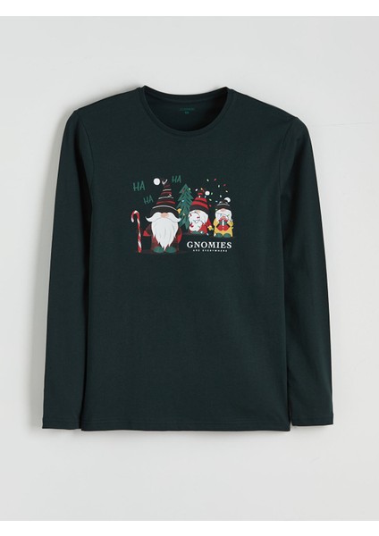 Yeni Sezon Bisiklet Yaka Uzun Kollu Yılbaşı Temalı Erkek Pijama Üst