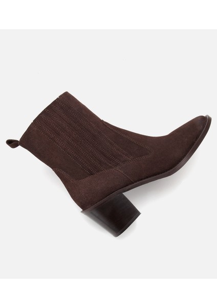 01BOH313130A480 KADIN Süet Deri Kahverengi Sivri Burunlu Lastik Detaylı Topuklu Bot