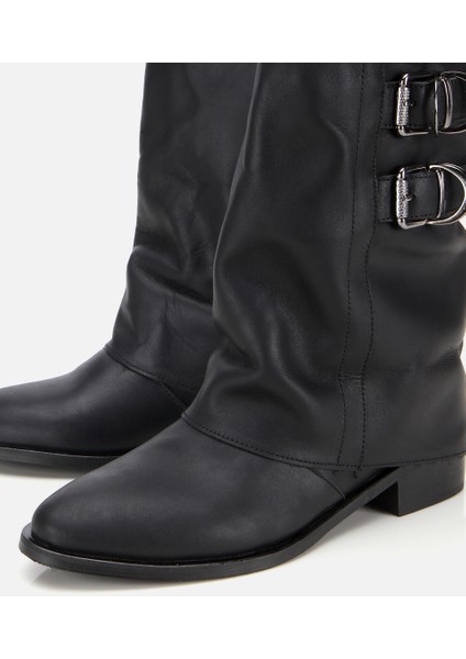 01BOH315750A100 KADIN Deri Siyah Tokalı Kırışık Görünümlü Kovboy/western Düz Bot modelleri