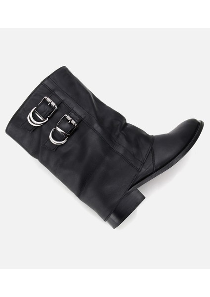 01BOH315750A100 KADIN Deri Siyah Tokalı Kırışık Görünümlü Kovboy/western Düz Bot