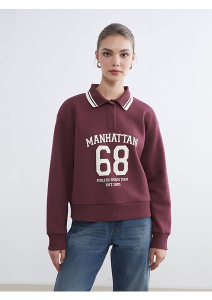Yeni Sezon Polo Yaka Manhattan Baskılı Kadın Kalın Sweatshirt
