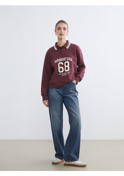 Yeni Sezon Polo Yaka Manhattan Baskılı Kadın Kalın Sweatshirt fiyatları