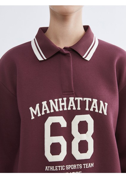 Yeni Sezon Polo Yaka Manhattan Baskılı Kadın Kalın Sweatshirt modelleri