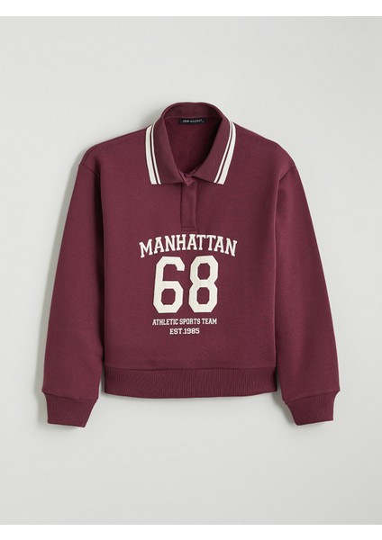 Yeni Sezon Polo Yaka Manhattan Baskılı Kadın Kalın Sweatshirt indirimleri