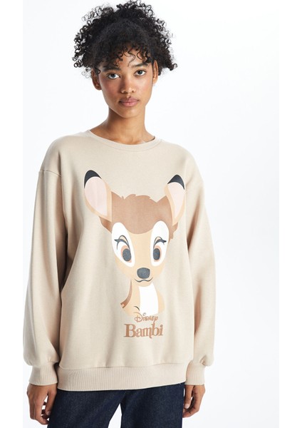 Yeni Sezon Bisiklet Yaka Bambi Baskılı Oversize Kadın Kalın Sweatshirt