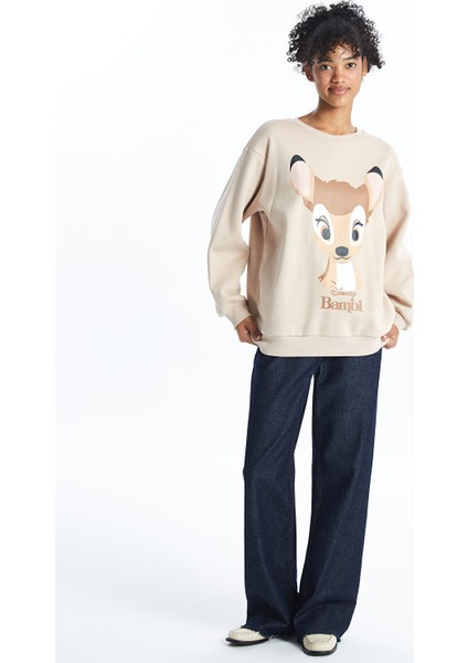 Yeni Sezon Bisiklet Yaka Bambi Baskılı Oversize Kadın Kalın Sweatshirt fiyatları