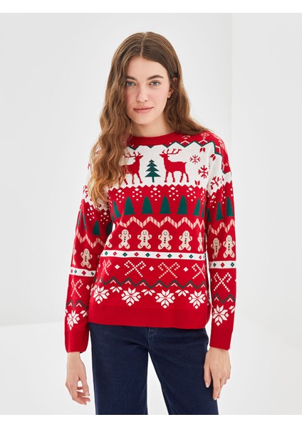 Yeni Sezon Bisiklet Yaka Yılbaşı Temalı Kadın Triko Kazak