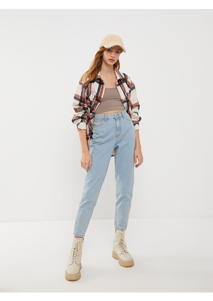 Yeni Sezon Kadın Yüksek Bel Mom Fit Düz Jean Pantolon