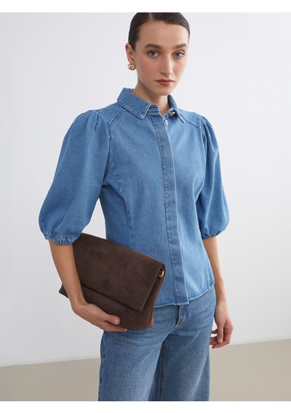 Yeni Sezon Balon Kollu Kadın Jean Gömlek