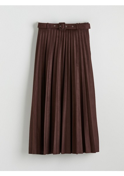 Yeni Sezon Beli Fermuarlı Süet Görünümlü Pileli Etek indirimleri