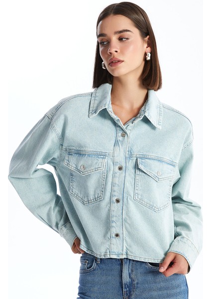 Yeni Sezon Düz Uzun Kollu Crop Kadın Jean Gömlek Ceket