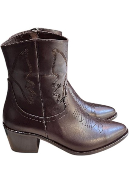 Kahve Hakiki Deri Işleme Detaylı Western Bot