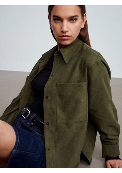 50532 Çıtçıtlı Süet Gömlek-Çağla indirimleri