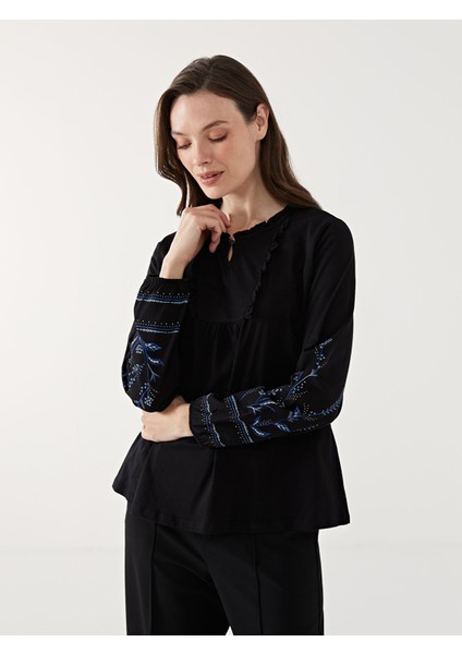 Yeni Sezon Bağlamalı Yaka Desenli Kadın Bluz