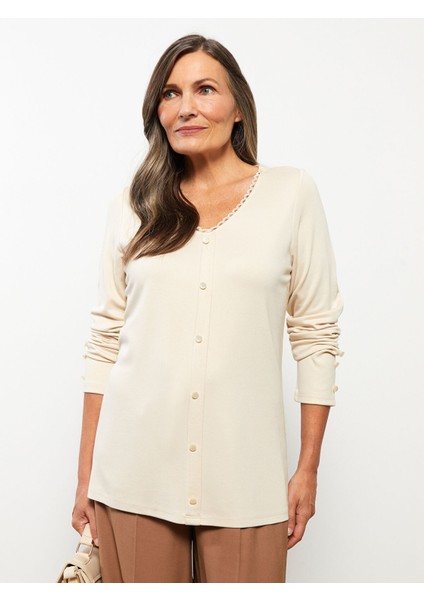 Yeni Sezon V Yaka Nakışlı Uzun Kollu Kadın Tişört