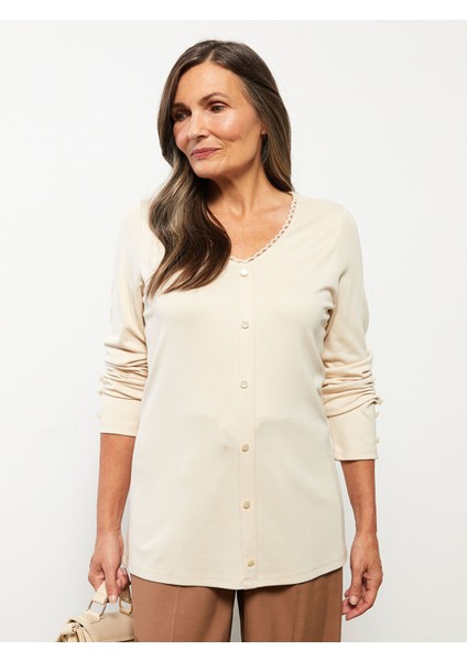 Yeni Sezon V Yaka Nakışlı Uzun Kollu Kadın Tişört modelleri