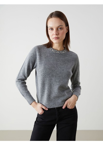 Yeni Sezon Bisiklet Yaka Taşlı Kadın Triko Kazak