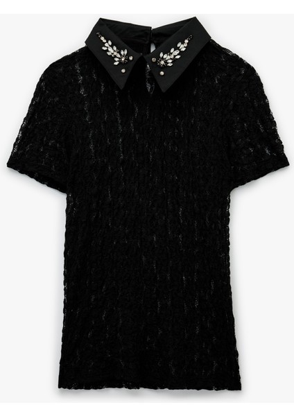 Transparan Gömlek Yaka Taş Detaylı Kısa Kollu Dantelli Bluz