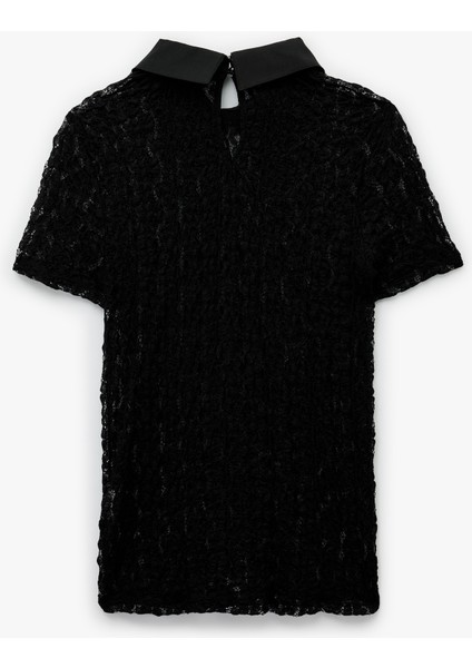 Transparan Gömlek Yaka Taş Detaylı Kısa Kollu Dantelli Bluz fiyatları